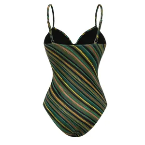 Detailed full view of one-piece swimsuit with vibrant diagonal stripes and thin straps