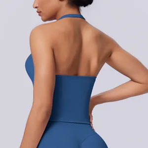 Detailed back view of a blue seamless halter neck sports yoga tank top for women fitness