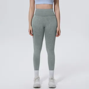 High-waisted seamless washed yoga leggings with tummy control for fitness and running.
