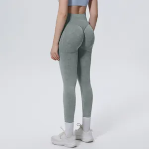 Rear view of high-waisted seamless washed yoga pants featuring a flattering push-up design