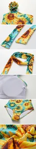 Detailed views of sunflower print one-piece swimsuit with 3D floral accent and pads