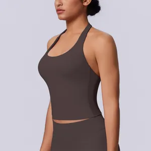 Detail of a seamless halter-neck sports tank top in dark coffee for yoga and fitness.