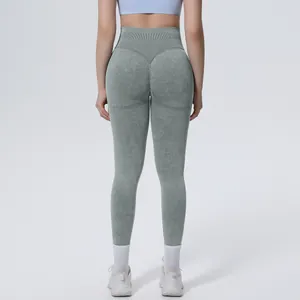 Back view detail of breathable seamless washed high-waist yoga leggings for women