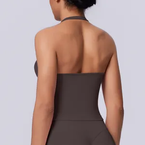 Macro detail view showing the back of seamless halter sports tank top for yoga