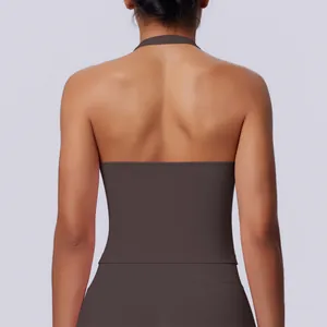Rear view of brown halter neck sports tank top showing seamless fit and back detail