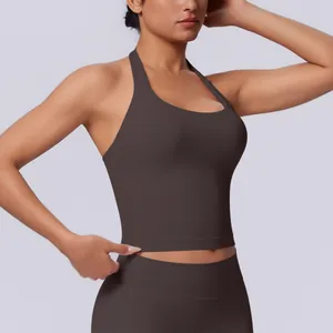 Close-up detail of a dark brown seamless halter neck sports tank top for fitness