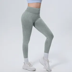Detailed side view of high-waisted seamless washed yoga leggings for women