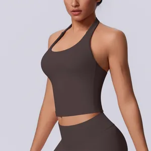 Detail view of brown seamless halter neck backless sports bra for yoga and gym