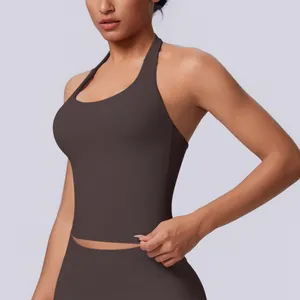 Detail view of seamless halter-neck sports tank top showing fit and fabric texture