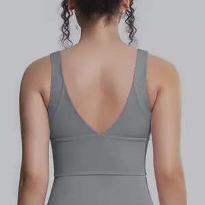 Vista posteriore di un reggiseno sportivo grigio con elegante scollo a V e alto sostegno