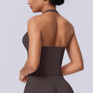 Back view detail of women's seamless halter neck sports vest in chocolate brown