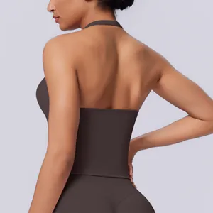 Detailed back view of a seamless brown halter neck sports vest for yoga and fitness