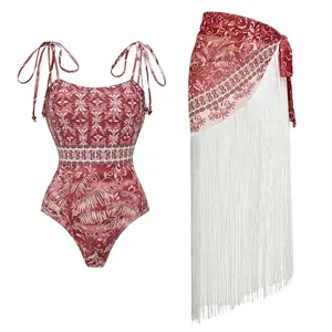 Women Ethnic Print Tassel One-Piece Swimsuit Top And Bottom Beachwear Set Bohemian Tropical Plant High Elastic Quick-Dry Swimwear