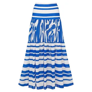 Vista detallada de la falda larga de niveles a rayas azules y blancas con estampado.