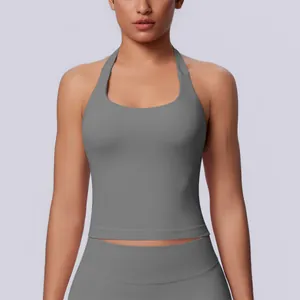 Detailed view of a seamless halter-neck sports tank top in charcoal grey for women.