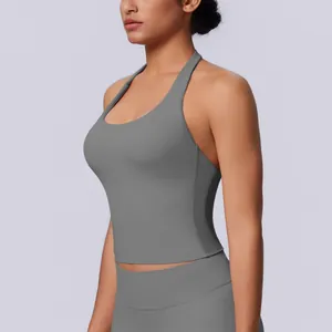 Detailed side view of seamless gray halter neck sports vest for women yoga and fitness