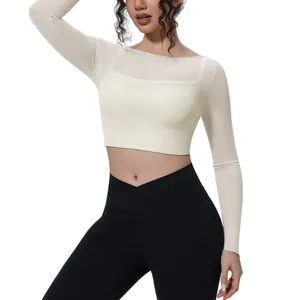 Top sportivo corto a maniche lunghe in mesh a strati per yoga e fitness da donna
