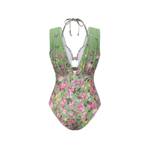 Maillot de bain une pièce à fleurs vertes avec col licou et décolleté en V chic