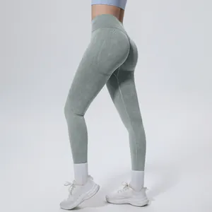 Detail shot of high-waist seamless washed yoga pants with butt-lifting texture