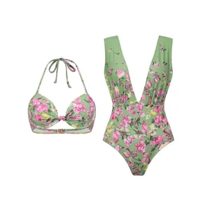 Maillot de bain une pièce à fleurs vertes et haut de bikini assorti pour femmes