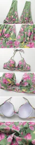 Détails rapprochés du haut de bikini vert à fleurs avec motifs roses et jaunes vifs.