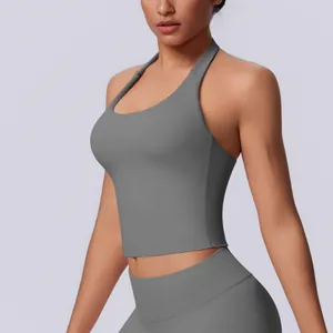 Detailed view of grey seamless halter neck sports tank top for yoga and gym