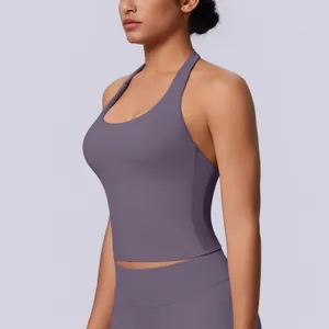 Detail of seamless halter neck yoga tank top in a lavender matte finish.