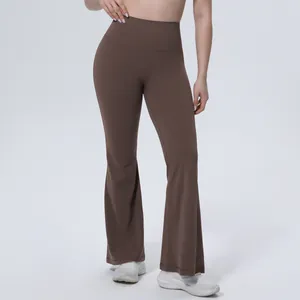 Pantalon de yoga évasé marron à taille haute pour femme, legging de sport respirant