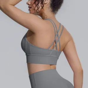 Vista posteriore di un reggiseno sportivo grigio con spalline incrociate e fascia.