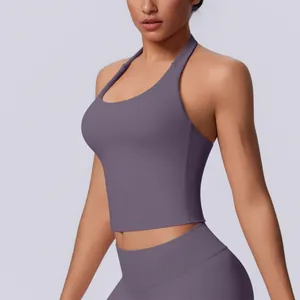 Detailed side view of a seamless halter neck sports bra in elegant dusty purple fabric