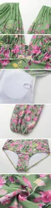 Vues détaillées d'un maillot de bain vert à fleurs montrant coutures et rembourrage