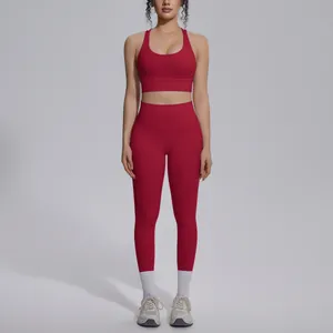 Full-length model shot of red compression yoga set with sports bra and leggings
