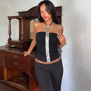 Elegant sexy black ruched tube top featuring a shimmering silver sequin halter neck detail.