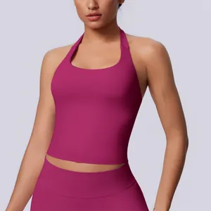 Detailed close-up view of the seamless halter neck sports tank top in fuchsia pink