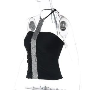 Sexy black halter neck top with sparkling sequin stripe and pleated detailing for women