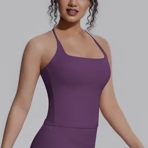 Enganliegendes lila Yoga-Tanktop aus doppelseitigem Nylon mit eckigem Ausschnitt