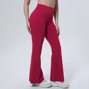 Pantalon de yoga évasé rouge à taille haute respirant pour le fitness et la course
