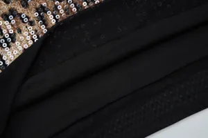 Close-up detail of leopard print sequin dress featuring mesh layers and black lining fabric