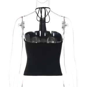 Detailed back view of a black halter sequin camisole top on a transparent mannequin