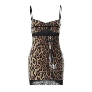 Sexy leopard print sequined camisole dress with mesh hem detail and bodycon fit