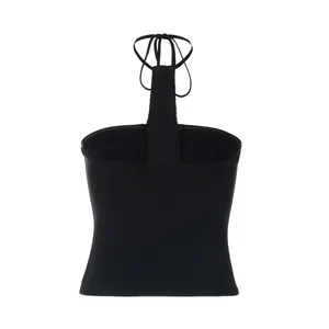 Detailed back view of a sexy black halter neck sequin crop top with elegant ruched design