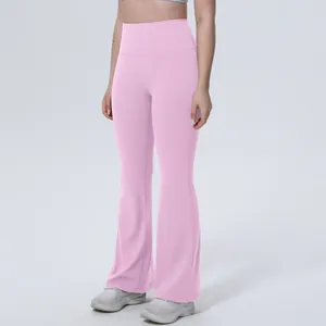 Pantalon de yoga évasé rose à taille haute en tissu respirant et extensible pour femme