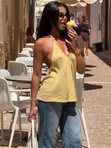 Top da Donna Sexy con Scollo a V Profondo all'Americana Schiena Scoperta Tinta Unita in Rayon Elastan Senza Maniche Street Style Hot Girl