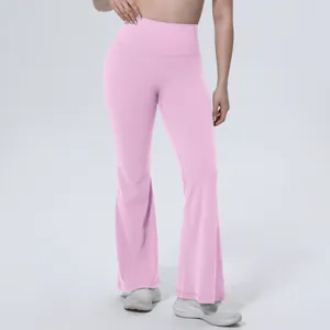 Pantalon de yoga évasé rose à taille alta en tissu extensible respirant et confortable