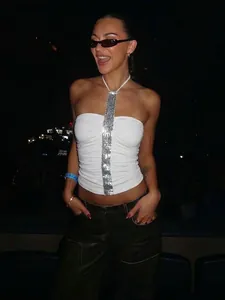 Sexy white sequin halter neck tube top with elegant ruched detailing for summer parties