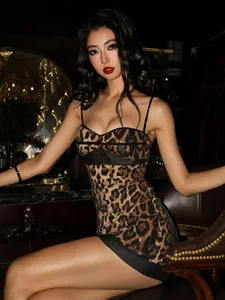 Sexy leopard print sequin dress with spaghetti straps and mesh patchwork for women
