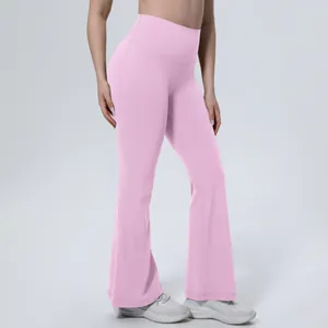 Pantalon de yoga évasé rose clair à taille haute respirant pour le fitness féminin