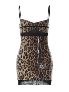 Stylish leopard print sequin camisole dress with sexy mesh splicing for summer