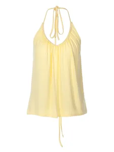 Top a lupetto sexy giallo pallido per donna con profondo scollo a V e design ampio a pieghe.