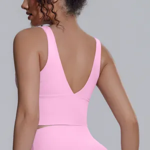 Vista posteriore reggiseno sportivo rosa scollo a V, alto sostegno e traspirante